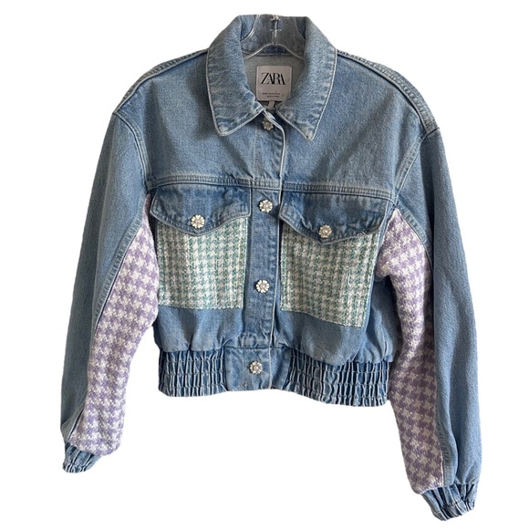 Zara Light Denim Jean Jacket Plaid Patchwork Flower Snaps XS - Picture 2 of 15